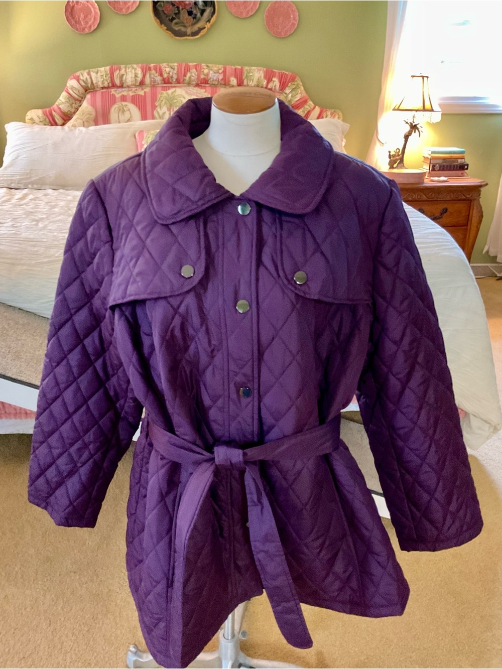 Women's Quilted Belted Jacket in Purple, 2X